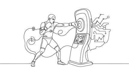 Obraz premium Athlete training with futuristic boxing machine and digital interface
