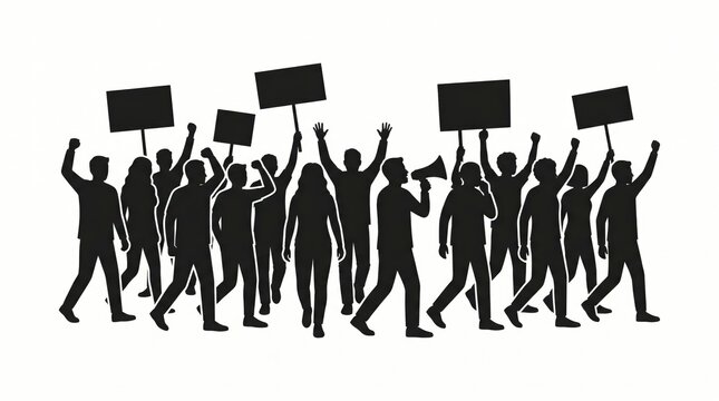 Black silhouettes of people protesting with signs and megaphone