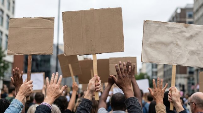 Crowd of people protesting with blank sign boards