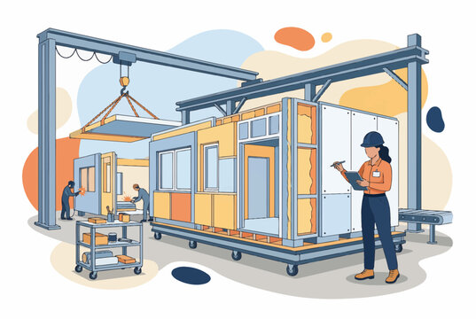 Female Engineer Inspecting Modular House Construction in Factory