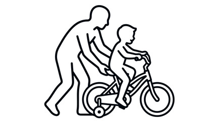 Fototapeta premium Line art silhouette illustration of a parent teaching a young child to ride a bicycle with training wheels outdoors on a bright and sunny summer day