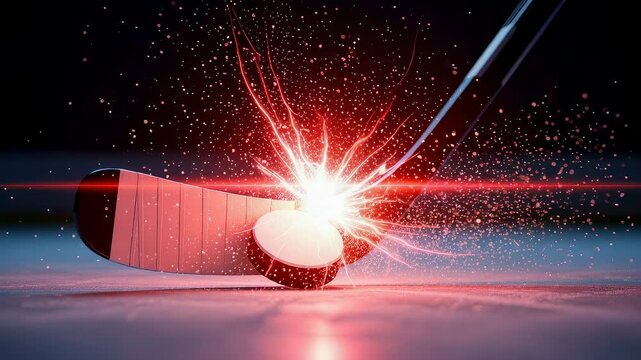 Ice hockey stick hitting puck with explosive sparks. Player striking sports equipment on rink. Athletic action and competition concept for training and game.
