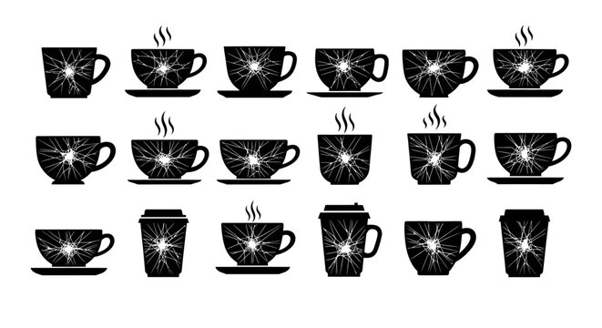 Collection of broken and cracked coffee cups and take-out containers, depicting fragility, damage, and imperfections