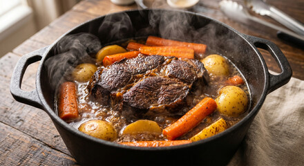 Fototapeta premium &nbsp;A close-up shot looking down into a rustic, matte-black cast-iron Dutch oven. Inside, a beautifully braised chuck roast is nestled tightly in a rich, bubbling dark-brown broth, surrounded by vibrant 