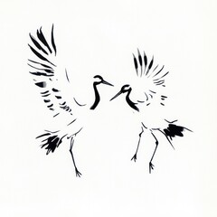 Obraz premium Black ink illustration of two elegant cranes in graceful poses against a white backdrop