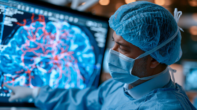 Deep brain stimulation neurosurgeon reviewing neural implant lead placement coordinates on intraoperative imaging workstation as Parkinson's patient remains awake for microelectrode recording, tremo