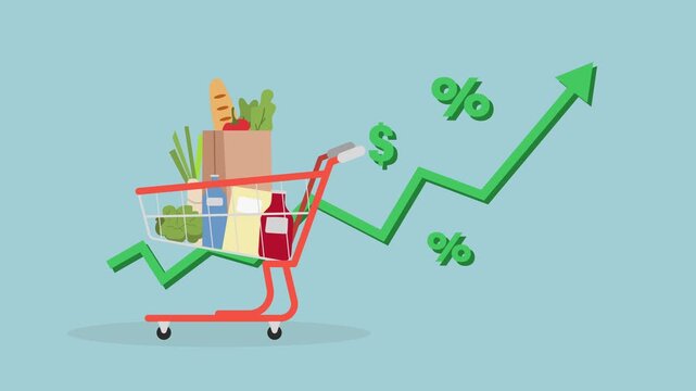 Grocery with rising arrow chart and shopping cart, inflation and rising prices of basic commodities.