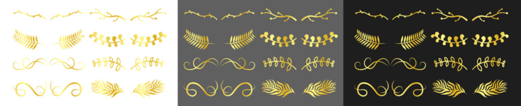 Elegant gold dividers with floral and leaf details. Vintage ornamental line accents on transparent background.