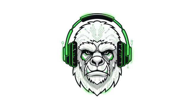 Aggressive Gorilla Head with Neon Green Headphones and Glowing Outline