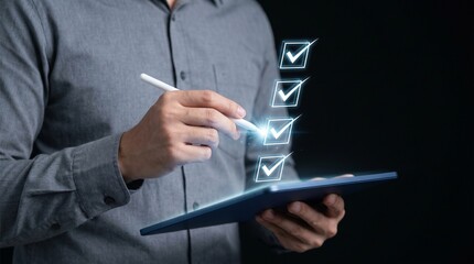 Fototapeta premium Business planning concept with professional hand marking digital checklist on tablet symbolizing task completion and productivity on dark background