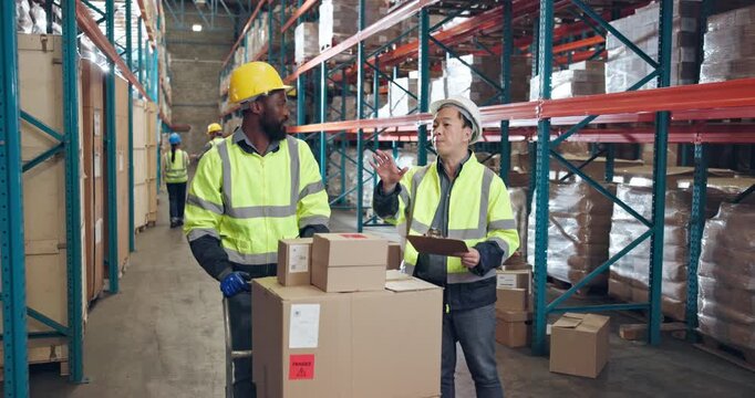 Distribution, argument or people in warehouse with clipboard, checklist and dispute in inspection. Team, disagreement or clerk in factory with boxes, communication or feedback in difficult situation.