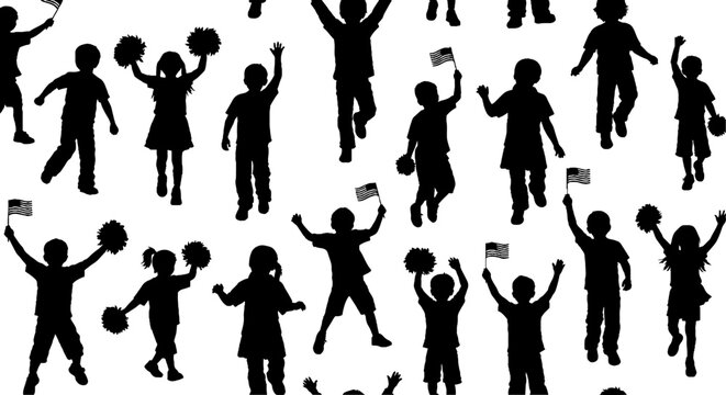 Energetic kids jumping with flags and pom poms