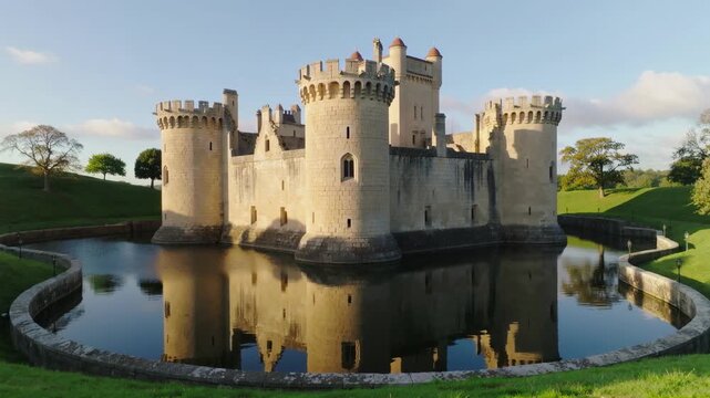 Medieval moated castle with stone towers reflected in water at sunset