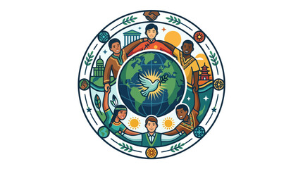 Naklejka premium Illustration of diverse people holding hands around the Earth with a dove in a colorful circular composition against a white background.
