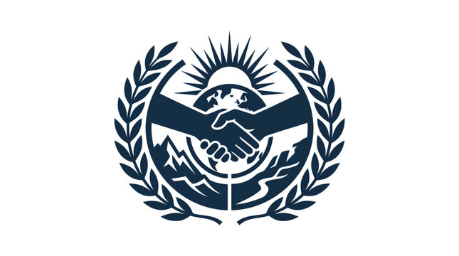 Graphic illustration of a handshake with a sun and mountains in a circular laurel wreath frame on a white background.
