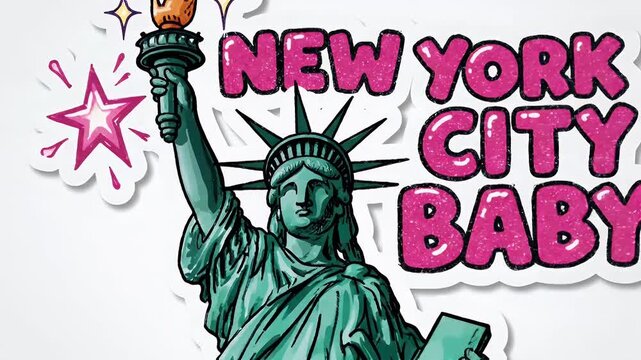 Whimsical Cartoon Statue of Liberty Illustration Adorned with a Tiny Cat and Neon Pink New York City Baby Text