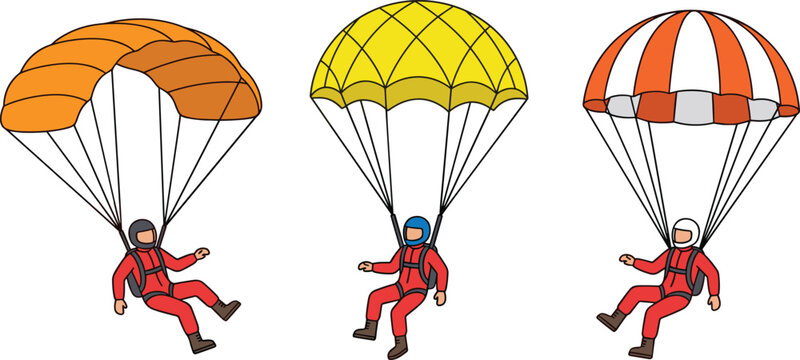 Skydiver Character Set in Red Suit with Orange and Yellow Parachutes Gliding Through Sky in Various Landing Pose