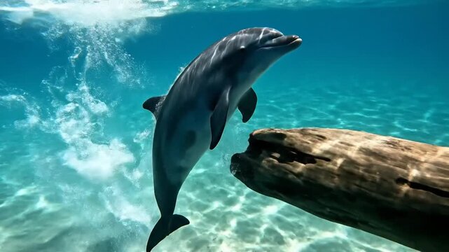 Playful Irrawaddy Dolphin Interacts With Floating Log Underwater in Clear Tropical Waters