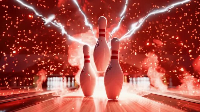 Bowling pins knocked down by a powerful strike. Concept of energetic explosion during a sport competition. Intense victory moment with lightning and glowing embers.