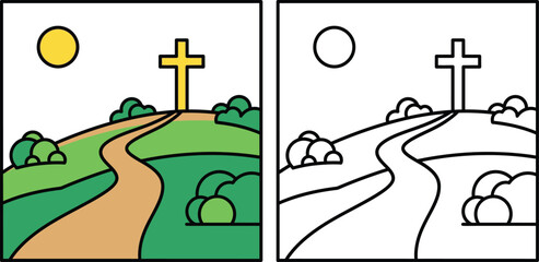 Obraz premium Christian cross on hill with path and sun, religious landscape illustration in colored and outline styles for Easter and faith themes.