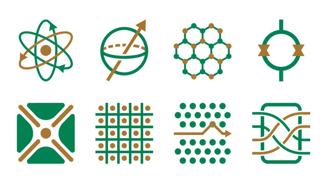 Quantum computing and physics icons set, showing various scientific concepts and abstract representations.