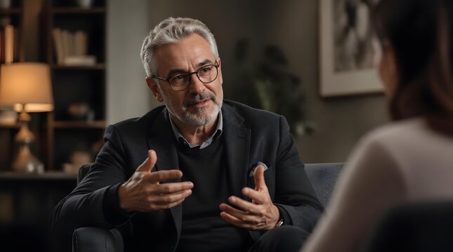 Mature Male Therapist Counseling Patient in Office - Mental Health Support