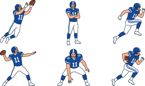 American Football Player Character Set in Blue Uniform Catching, Throwing, Running, and Defending in Various Action Poses