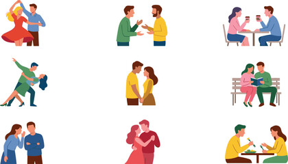 Fototapeta premium Couple Character Set with Men and Women Dancing, Talking, Dating, Hugging, and Spending Romantic Time Together
