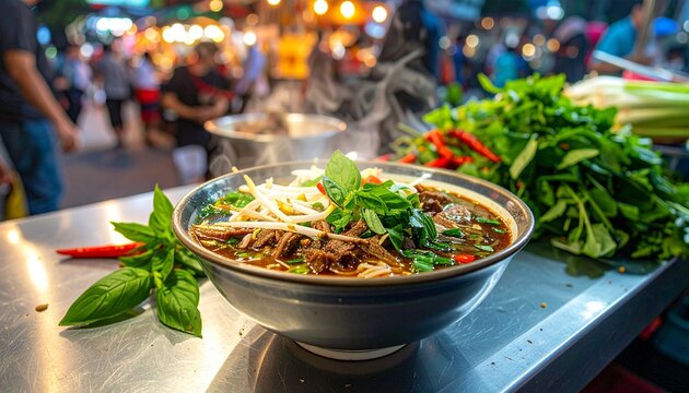 A steaming bowl of traditional Vietnamese pho with beef and fresh herbs on a metal counter at a bustling night market.