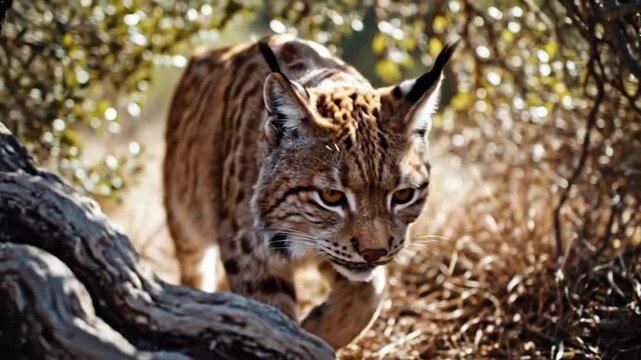 Intense Iberian Lynx predator moving with stealth through a sun-dappled forest habitat, showcasing its keen hunting instincts.