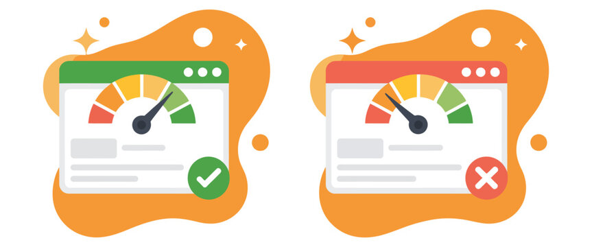 Speed performance score gauge icon set, website speed test and optimization symbols, fast and slow loading measurement vector illustration for web browser analytics.