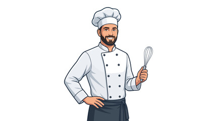 Naklejka premium Illustration of a confident male chef wearing a white uniform and hat, holding a whisk on a plain white background.