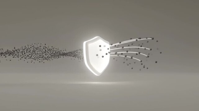 A minimalist 3D animation showing a glowing white shield filtering a stream of dark particles, which emerge on the other side as organized, curved trails, symbolizing protection and processing.
