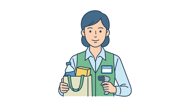 A smiling woman in a green vest holds a shopping bag and barcode scanner in a minimalist illustration with a clean white background.