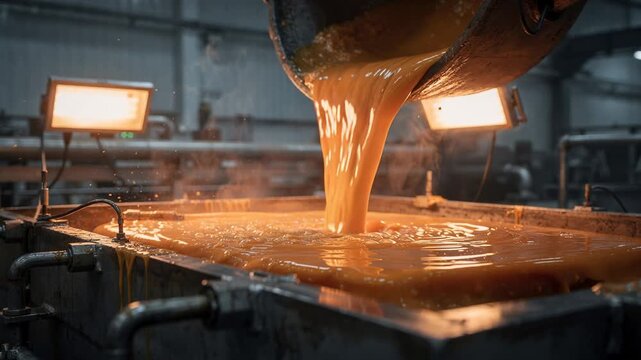 Industrial setting showcasing thick molten paraffin being poured into large molds highlighting heavyduty block casting with a focus on texture and temperature control.