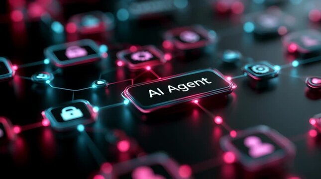 Glowing futuristic flowchart floating in dark space, central text "AI Agent", interconnected with nodes displaying lock, gear, and user icons, vibrant neon pink and blue lighting, macro depth of field
