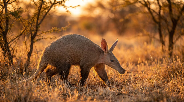 Aardvark walking through dry grass in the African savanna at sunset