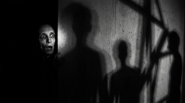 Scared woman hiding in dark room with ominous shadows on wall. Psychological thriller scene representing mental disorder, paranoia, hallucination and fear. Conceptual horror art style.