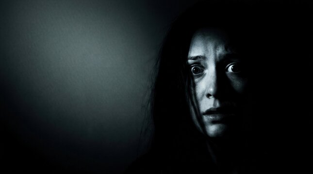 Scared woman in darkness with wide eyes. Young lady experiencing mental health crisis, anxiety, panic attack and extreme fear. Psychology concept of depression, trauma and insanity.