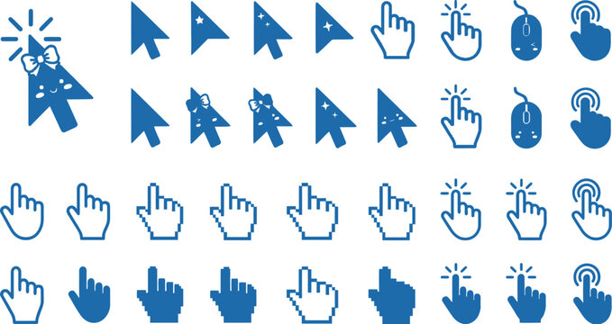 Computer mouse cursor and clicking hand pointer vector icon collection.