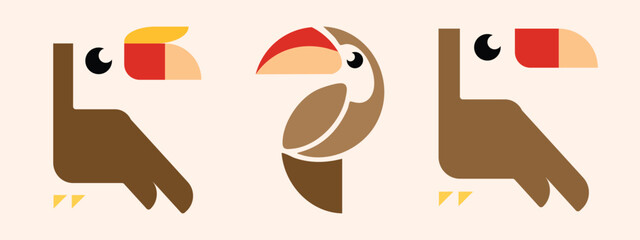 Creative geometric hornbill and toucan bird illustration set featuring minimalist tropical bird characters in flat modern design. Decorative vector-inspired artwork with bold shapes and vibrant beak c © sofian