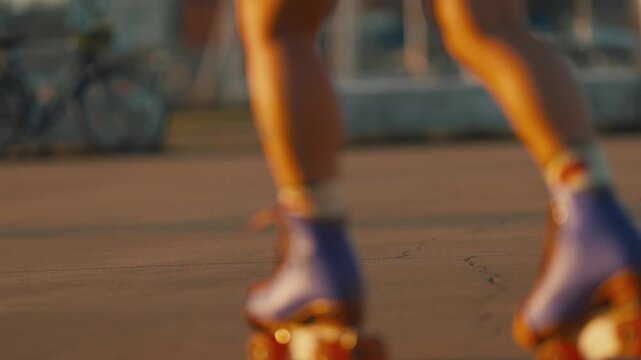 Close up of tattooed woman legs roller skating at sunset