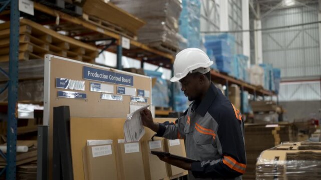 Black Factory Worker Using Digital Tablet in Cardboard Storage