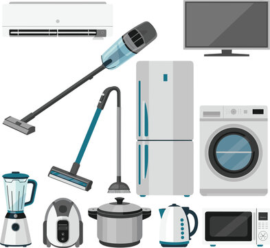 Home appliances and kitchen electronic devices vector set, household technique collection with washing machine