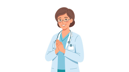 Fototapeta premium A smiling female doctor wearing a stethoscope and a light blue lab coat with her hands clasped together in front of her, against a plain white background.
