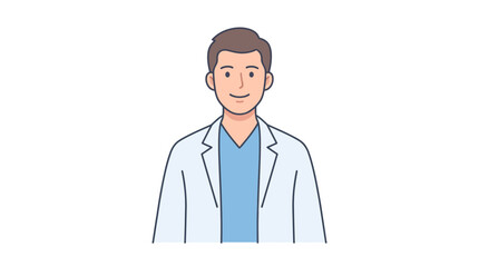 Fototapeta premium A cartoon-style illustration of a smiling man wearing a light blue shirt and lab coat against a white background with a simple and professional mood.