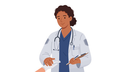 Fototapeta premium Illustration of a female doctor wearing a white lab coat and stethoscope holding a clipboard and prescription pad on a clean white background.
