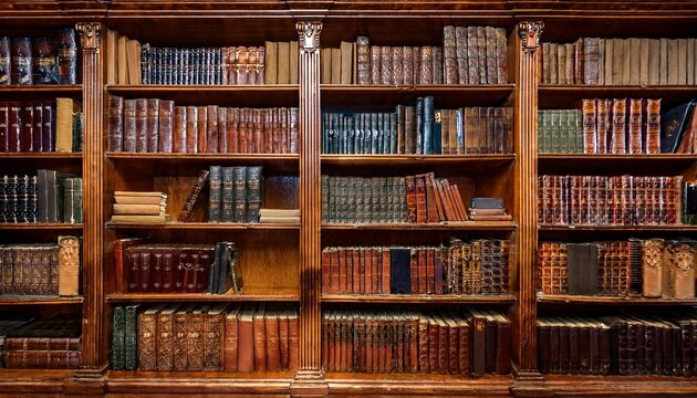a panoramic view of vintage books on wooden library shelves