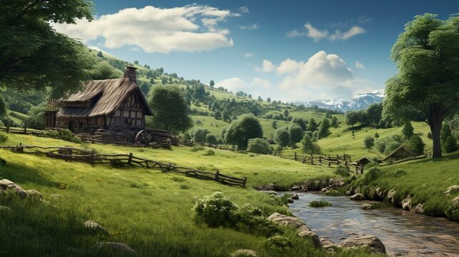 A photo of a small farm surrounded by woods