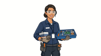 A female technician holding a toolbox and wearing work gloves stands confidently against a plain white background. © huda